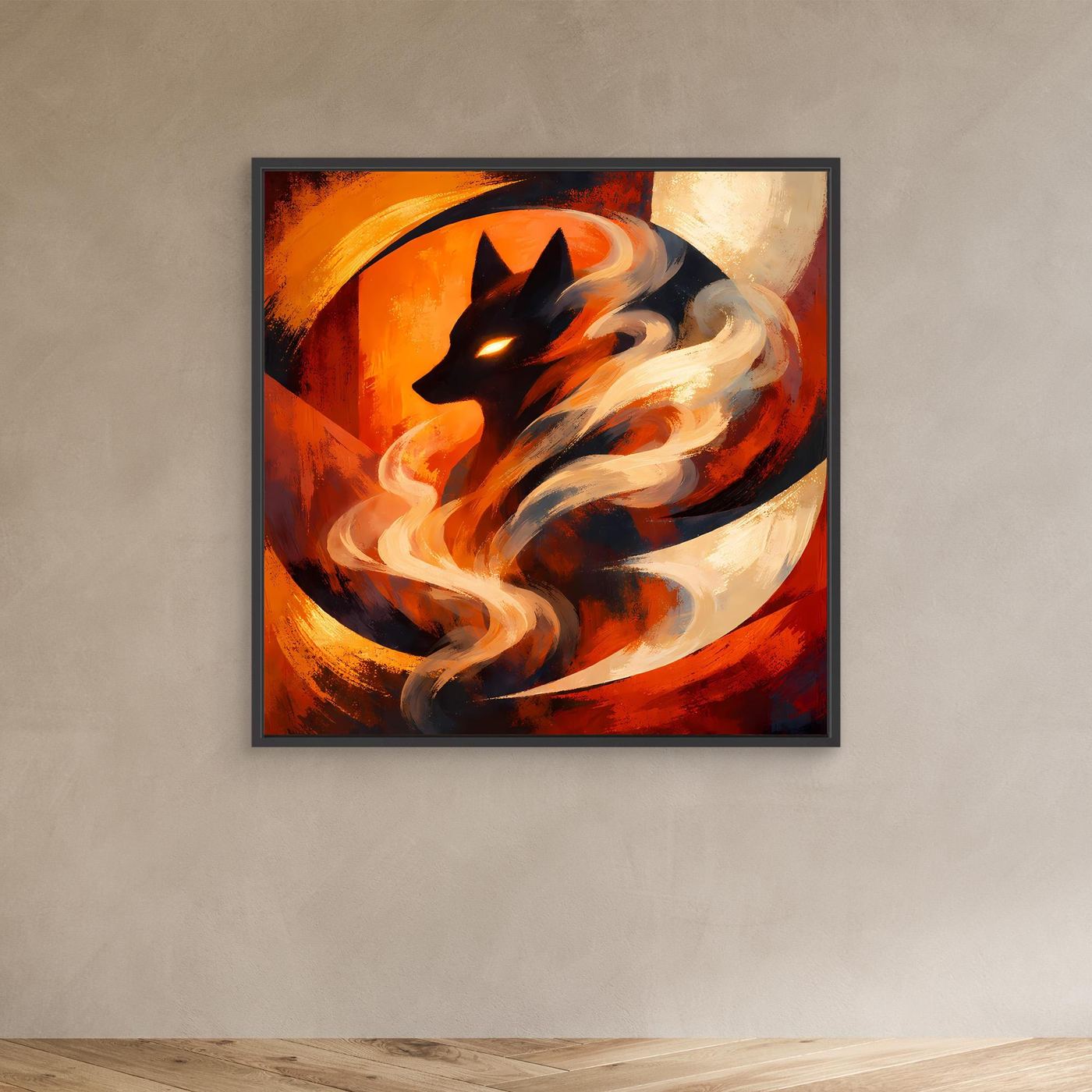 Quadratisches Leinwand-Wandbild mit schwarzem Wolfskopf, Feuernebel in Orange/Rot und schwarzem Rahmen