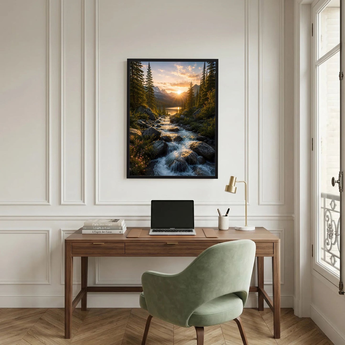 Hochformat-Poster mit Sonnenuntergang über Bachlauf zwischen Fichten, schwarz gerahmt