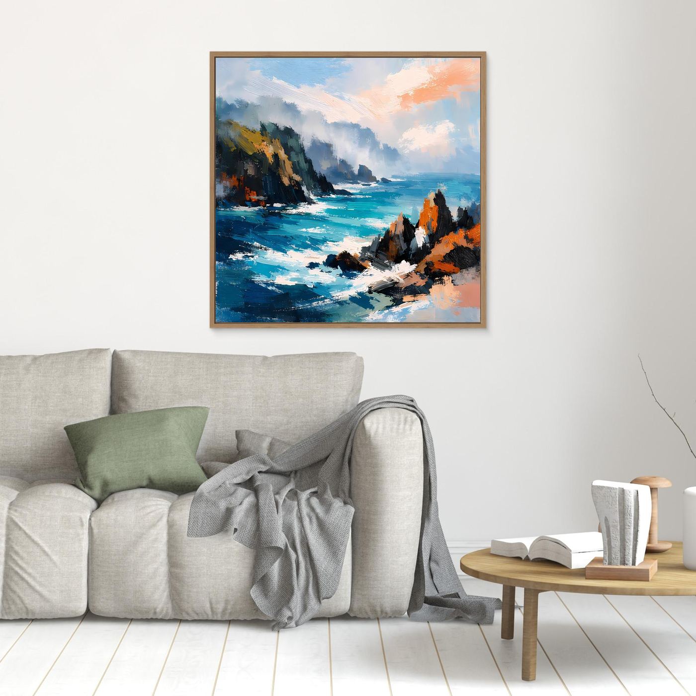 Leinwand-Wandbild (klein): abstrakte Küstenfelsen am Meer, Blau/Türkis/Orange, Eichenrahmen