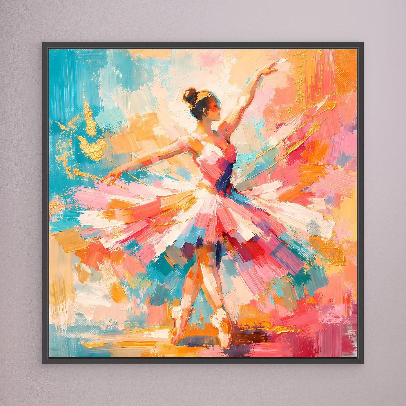 Abstraktes Leinwandbild mit Ballerina, buntes Kleid, schwarzer Rahmen