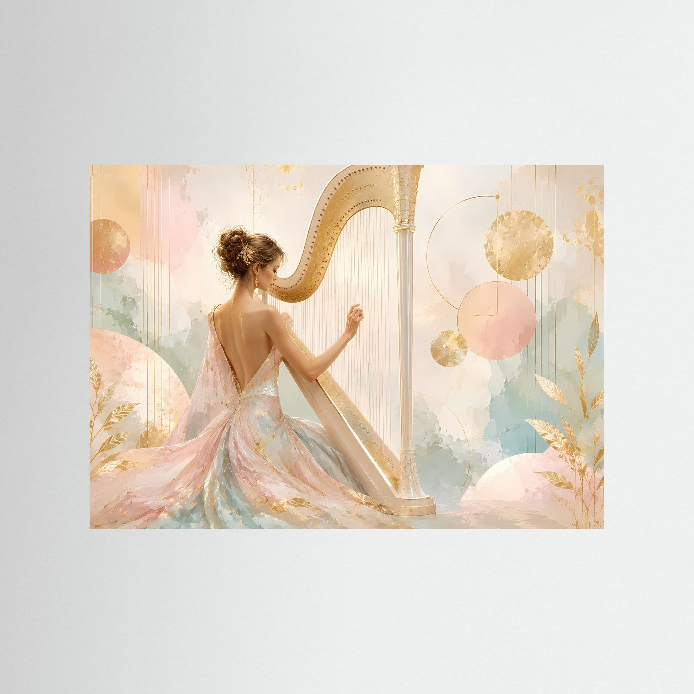 Querformatiges Bild: Harfenistin im Pastellkleid mit Harfe, ohne Rahmen
