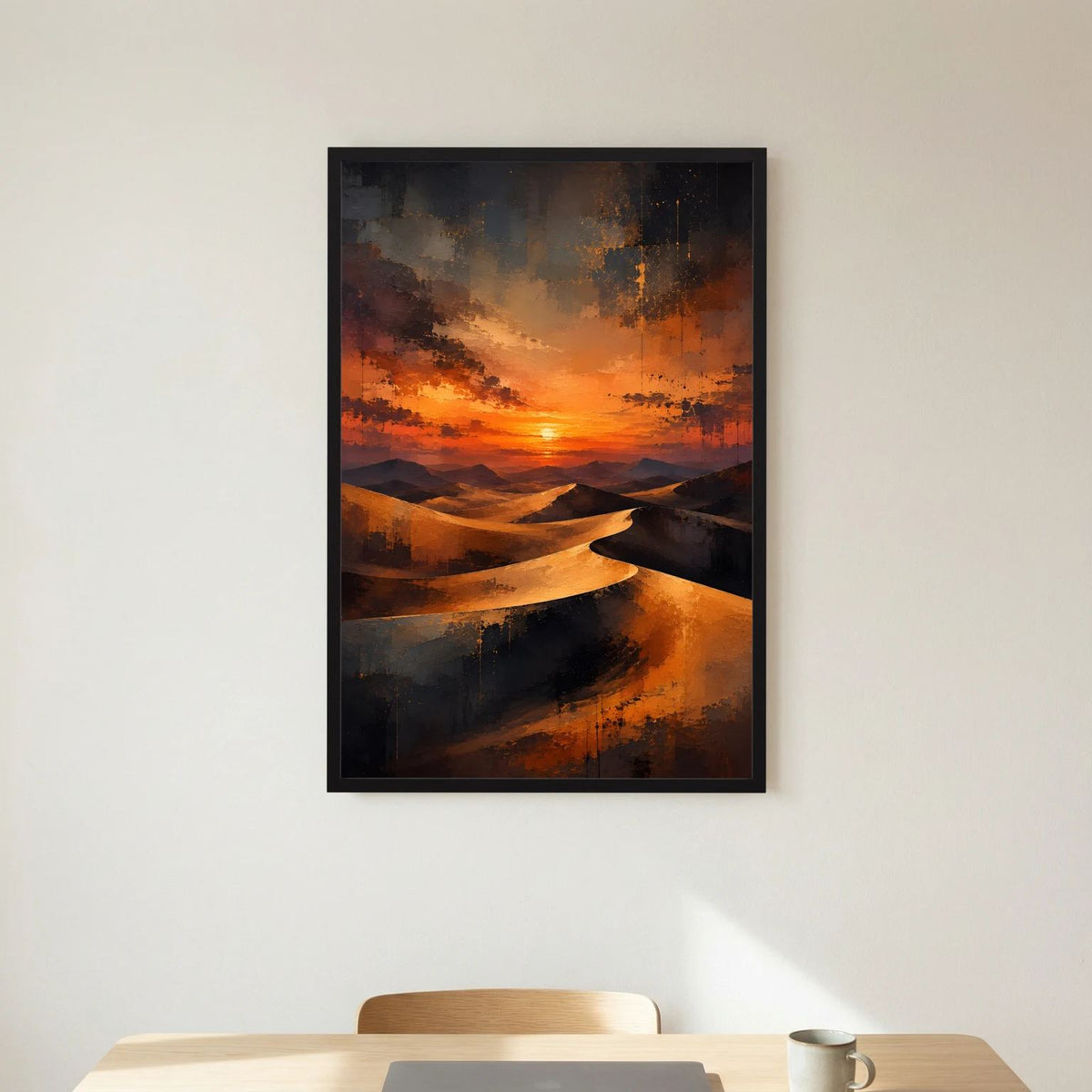 Wandposter mit abstrakten Sanddünen im Sonnenuntergang, schwarzer Rahmen, Hochformat