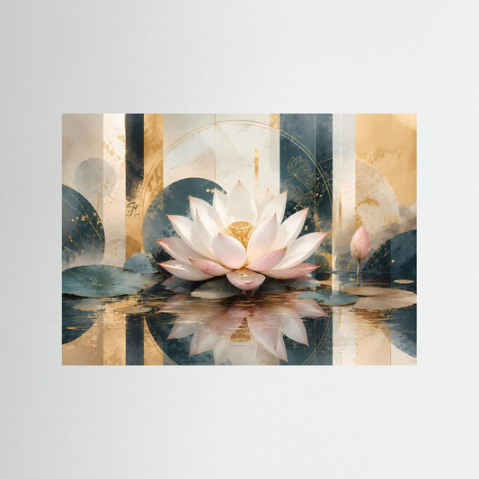 Querformatiges Poster mit Lotusblüte auf Wasser, cremeblau und goldfarben