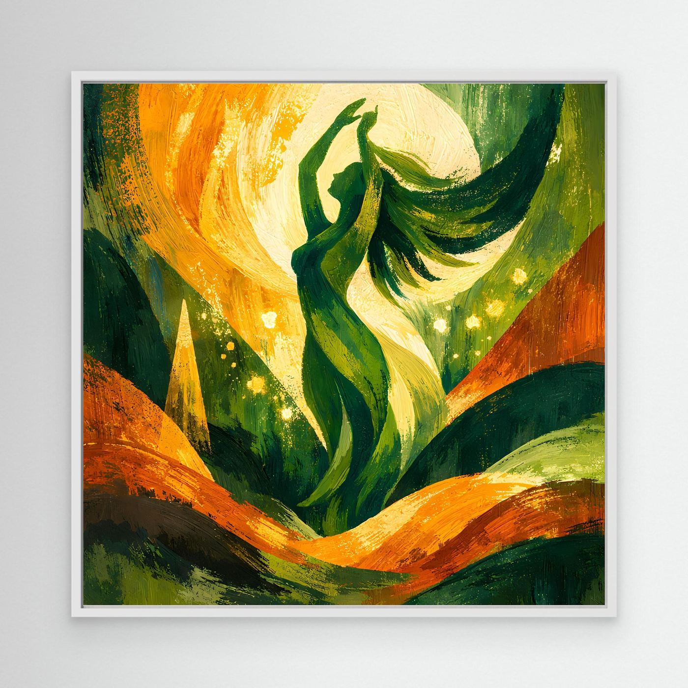 Leinwand-Wandbild Natur-Göttin mit weißem Rahmen, grüne Gestalt und orangefarbene Strahlen
