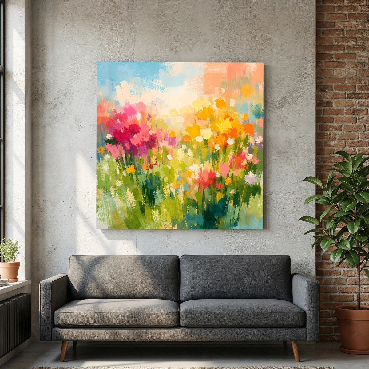 Buntes abstraktes Leinwandbild mit Wildblumen auf Sommerwiese, quadratisch