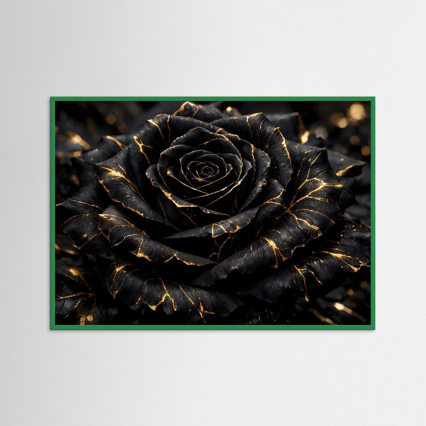 Wandbild mit schwarzer Rose und goldenen Adern, grüner Rahmenumrandung
