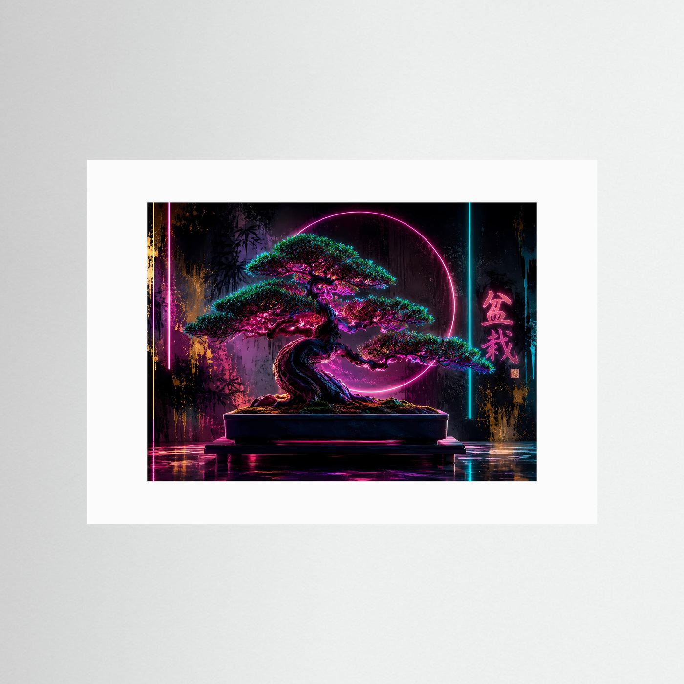 Neon Bonsai Poster | Japanische Zen Kunst | Cyber Bonsai Baum | Futuristische Wandkunst | Fine Art Print