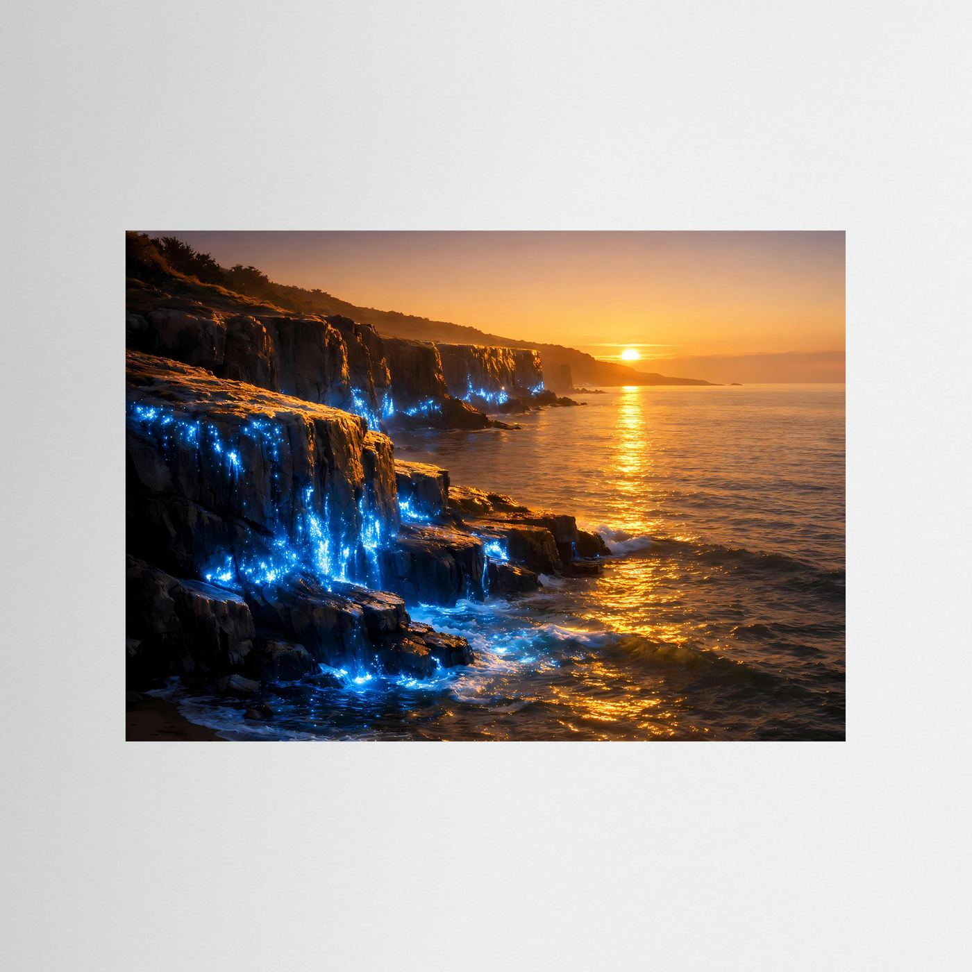 Unverrahmtes Küstenposter (Querformat) mit leuchtenden Klippen und blauem Schimmer bei Sonnenuntergang.