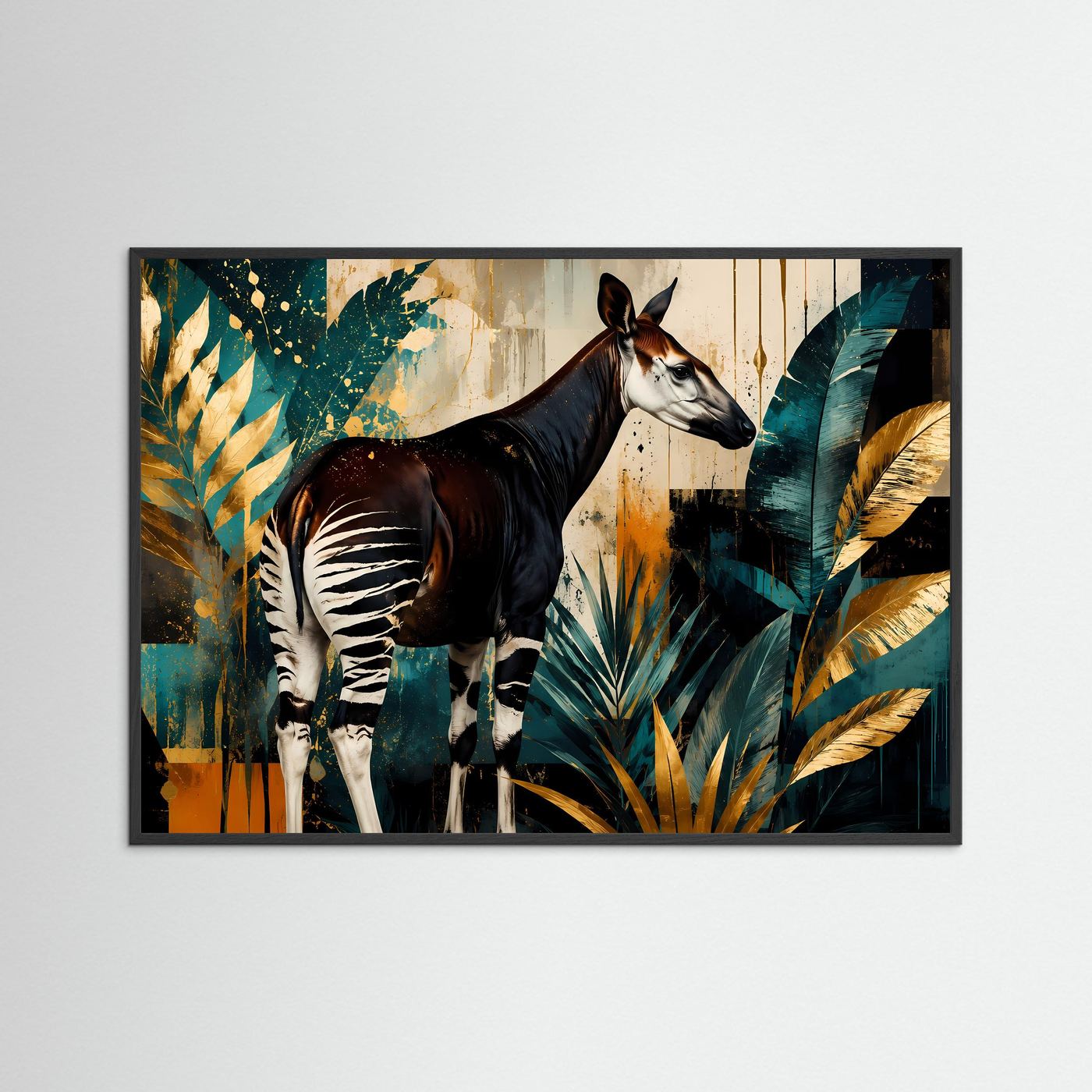 Anmutige Okapi im Dschungel-Farbspiel | Modernes Wildlife- & Dschungel-Poster Querformat