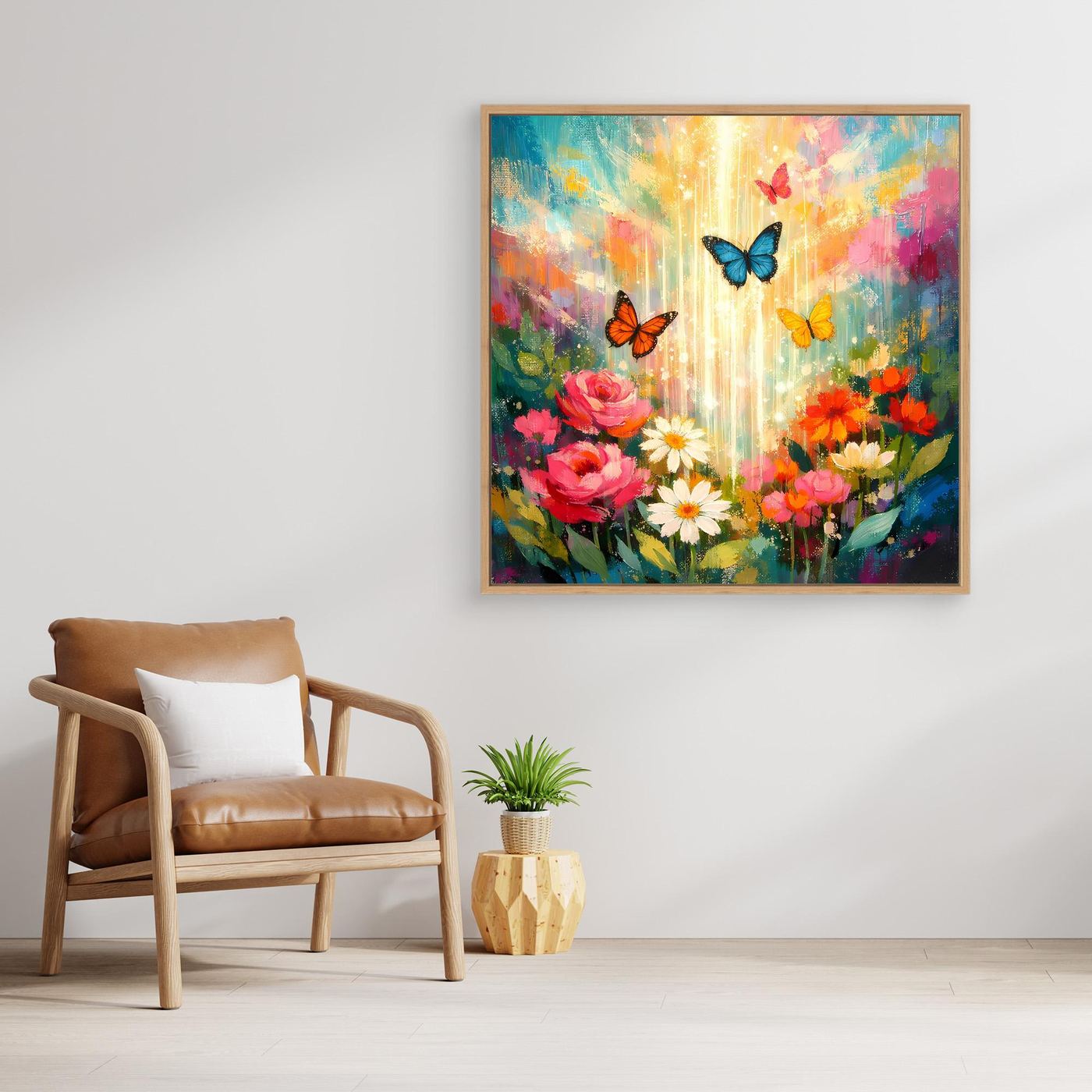 Wandbild mit bunten Blumen und Schmetterlingen im goldfarbenen Rahmen