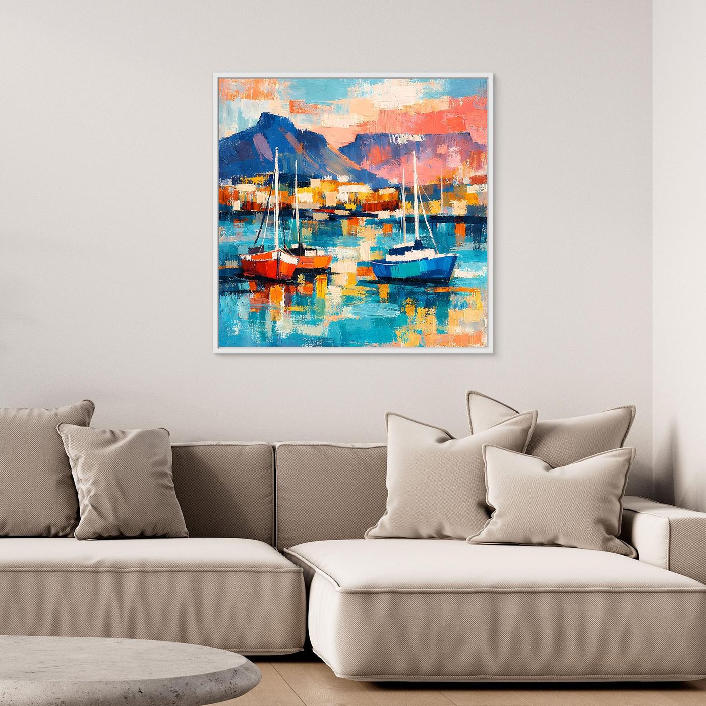 Gerahmtes abstraktes Leinwand-Wandbild mit Segelbooten im Hafen und blauem Wasser
