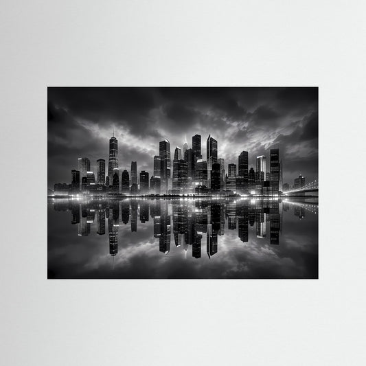 Stadtbild-Poster in Schwarzweiß mit Skyline und Spiegelung auf dunklem Wasser.
