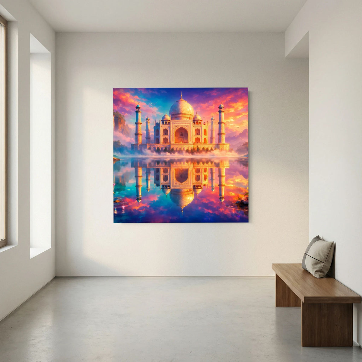 Leinwandbild mit Taj Mahal und Minaretten, Himmelsfarben mit spiegelnder Darstellung