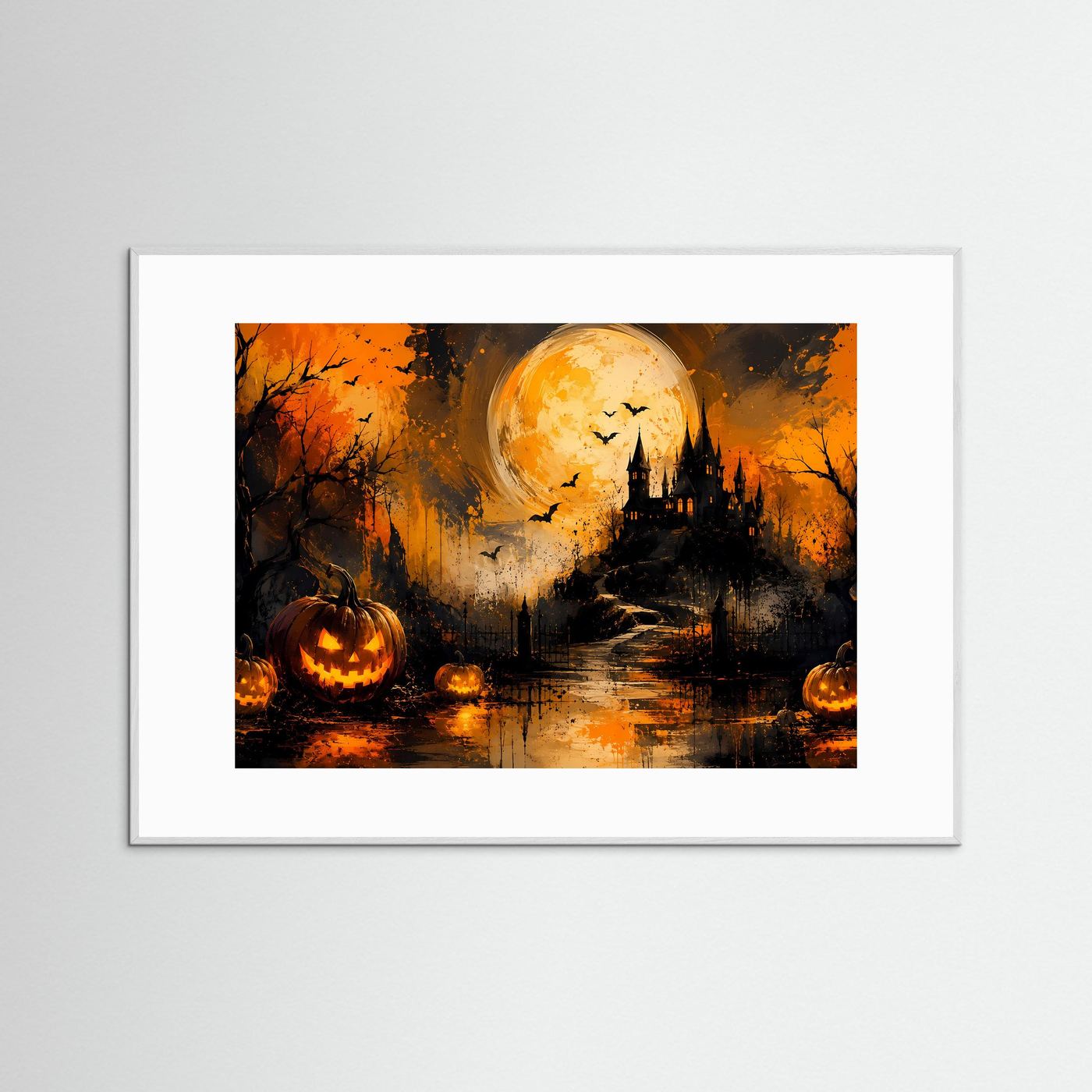 Halloween Poster | Spukschloss mit Kürbissen und Vollmond | Mystische Halloween Wandkunst | Düsterer Gothic Kunstdruck