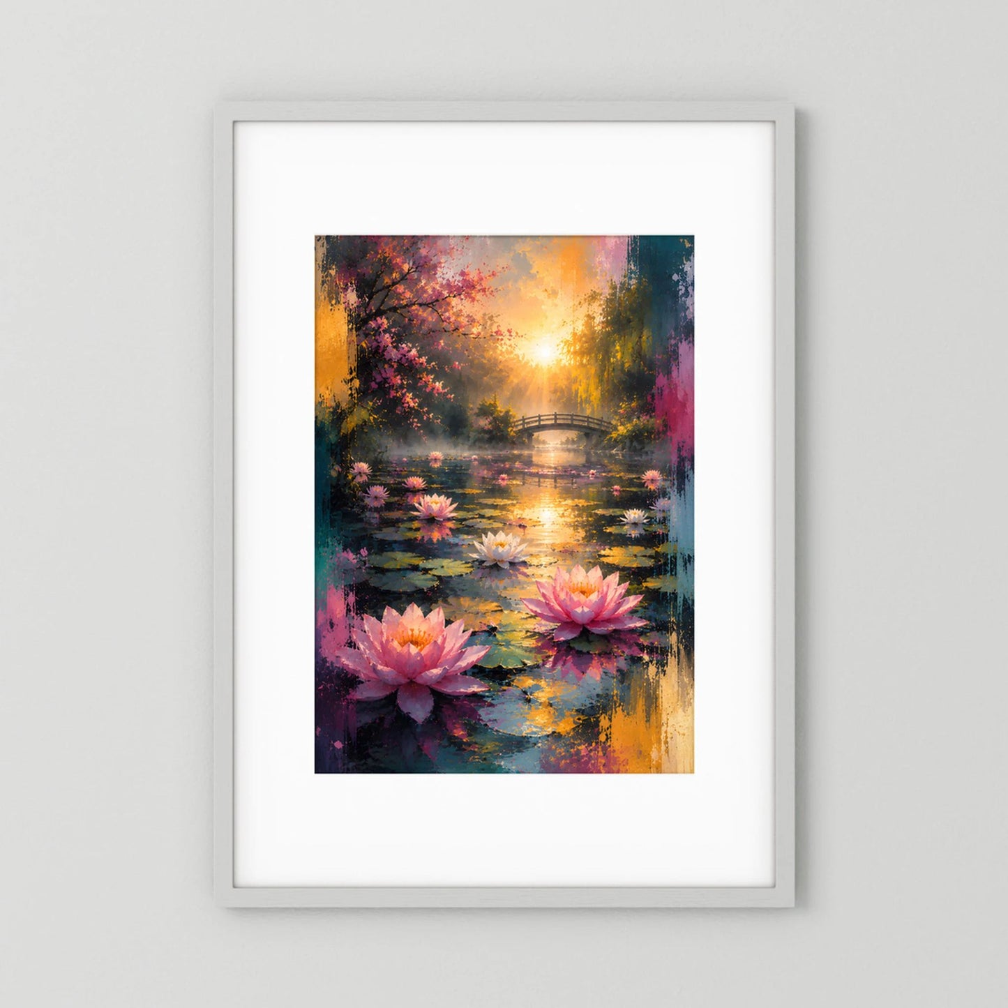 Hochformat-Poster: Seerosenteich mit Brücke und goldenem Sonnenaufgang