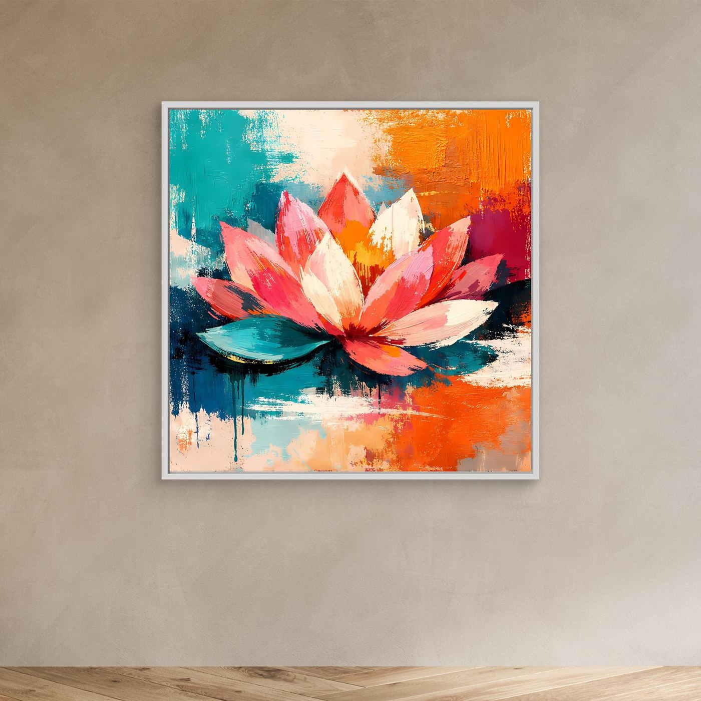 White-framed abstract lotus canvas wall art with teal, orange, and pink petals