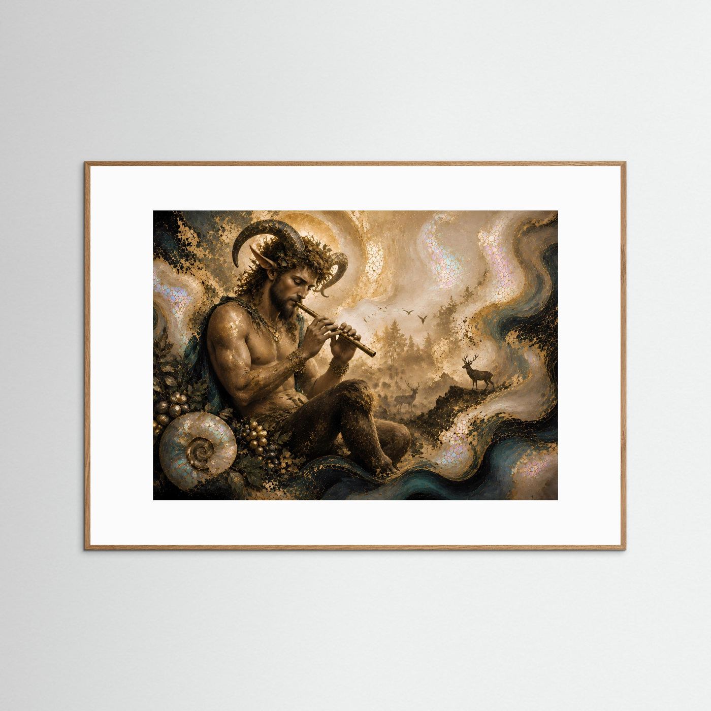 Pan mit Flöte im mystischen Wald | Griechische Mythologie Kunst in Gold & Perlmutt