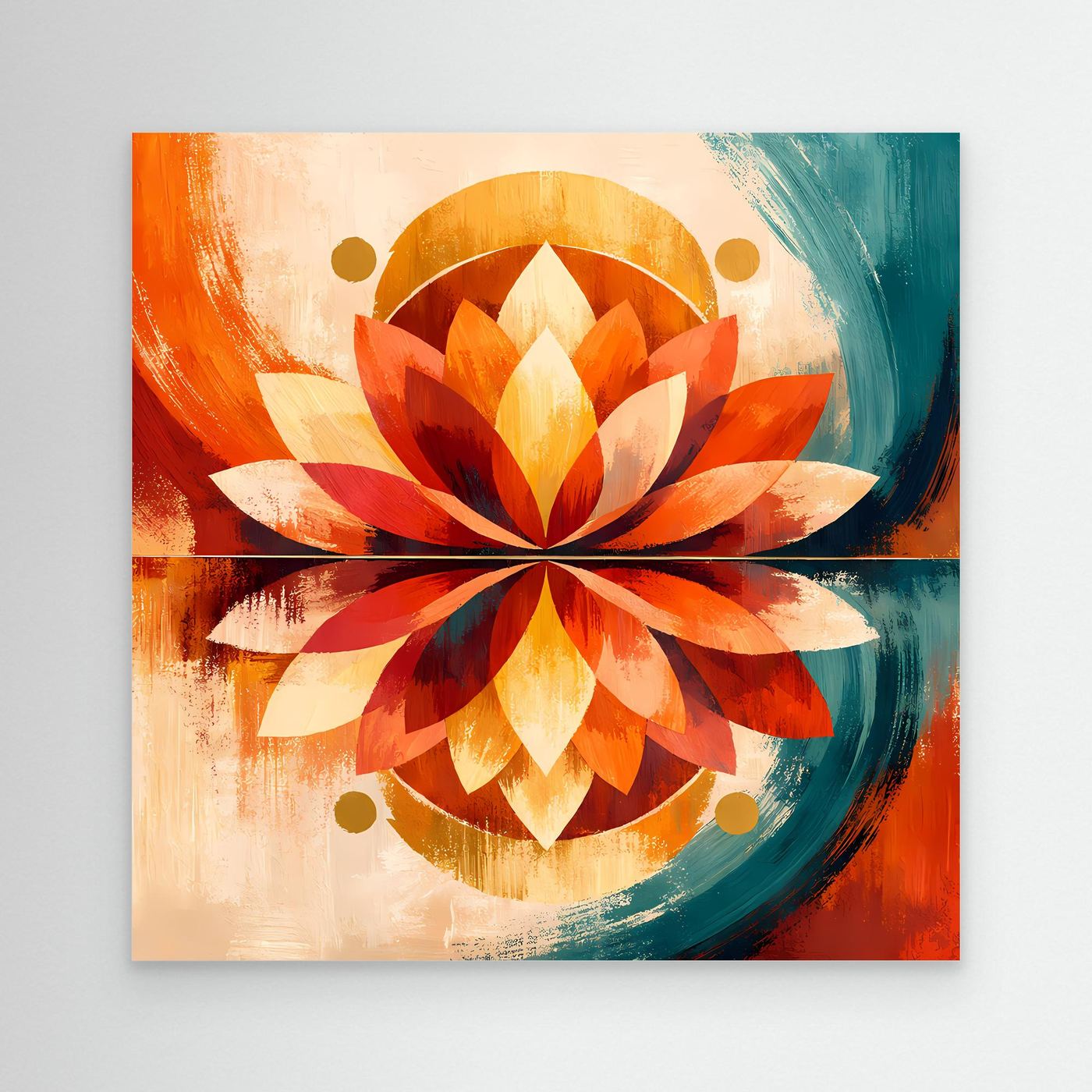 Leinwandbild mit symmetrischer Lotusblüte, abstrakt in Orange und Türkis, rahmenlos.