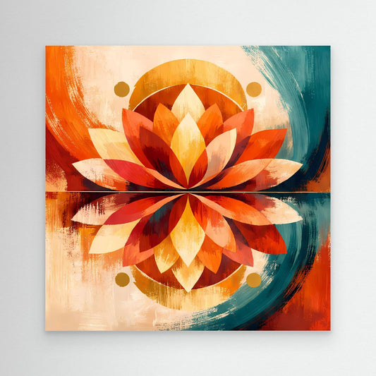 Leinwandbild mit symmetrischer Lotusblüte, abstrakt in Orange und Türkis, rahmenlos.