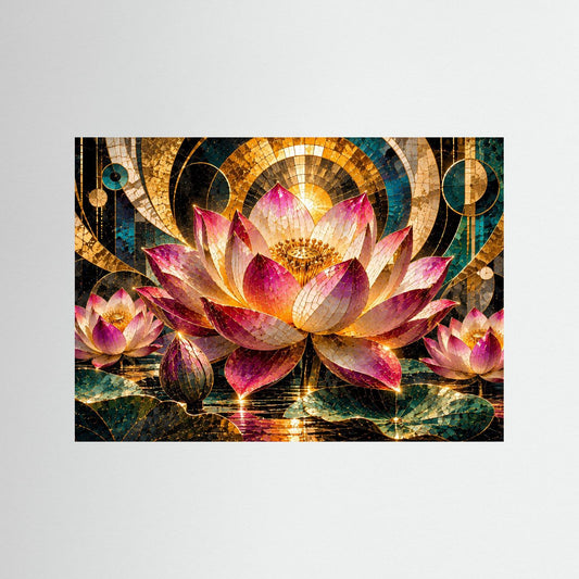 Poster im Querformat mit Mosaik-Lotusblüten in Pink, Gold und Türkis, schwarzer Rahmen