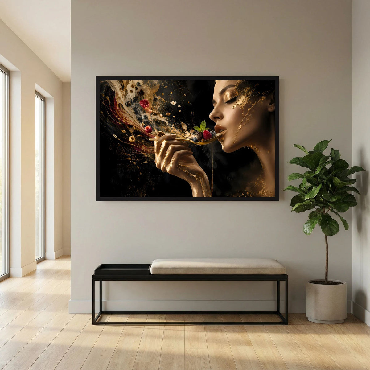 Querformat-Poster mit Frau und goldenen Details, Beeren, schwarzer Rahmen