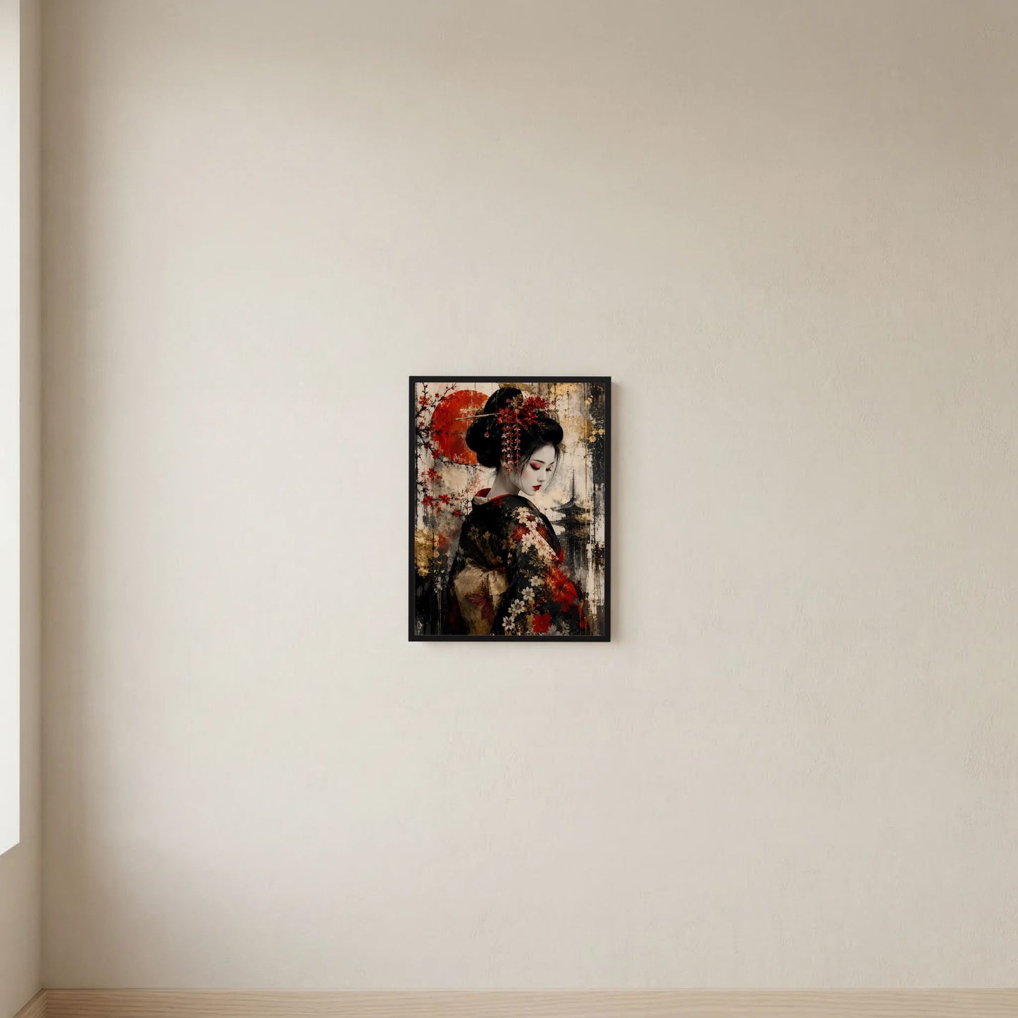 Kleines, gerahmtes Poster mit Dreiviertel-Porträt einer Frau in Schwarz und Rot