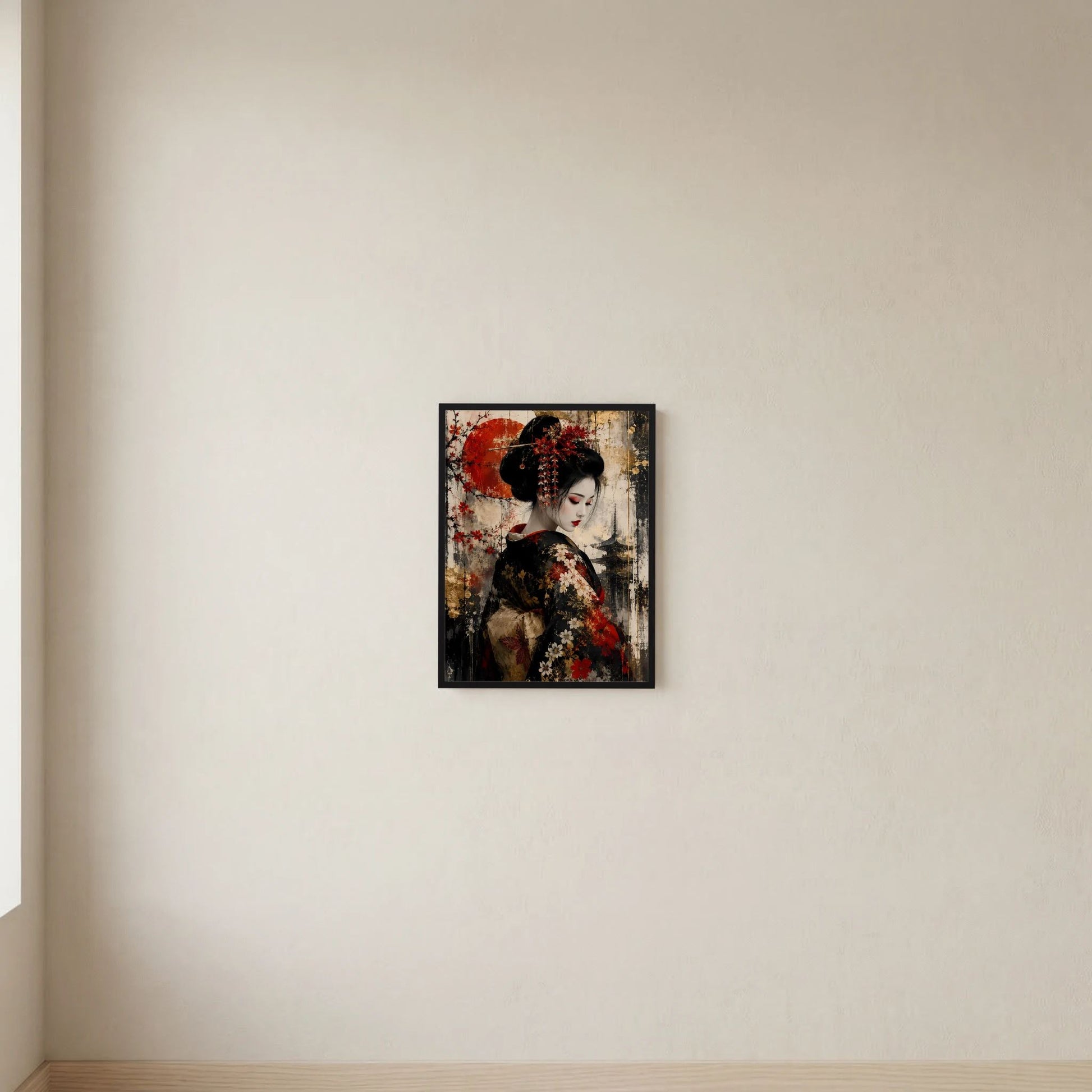 Kleines, gerahmtes Poster mit Dreiviertel-Porträt einer Frau in Schwarz und Rot