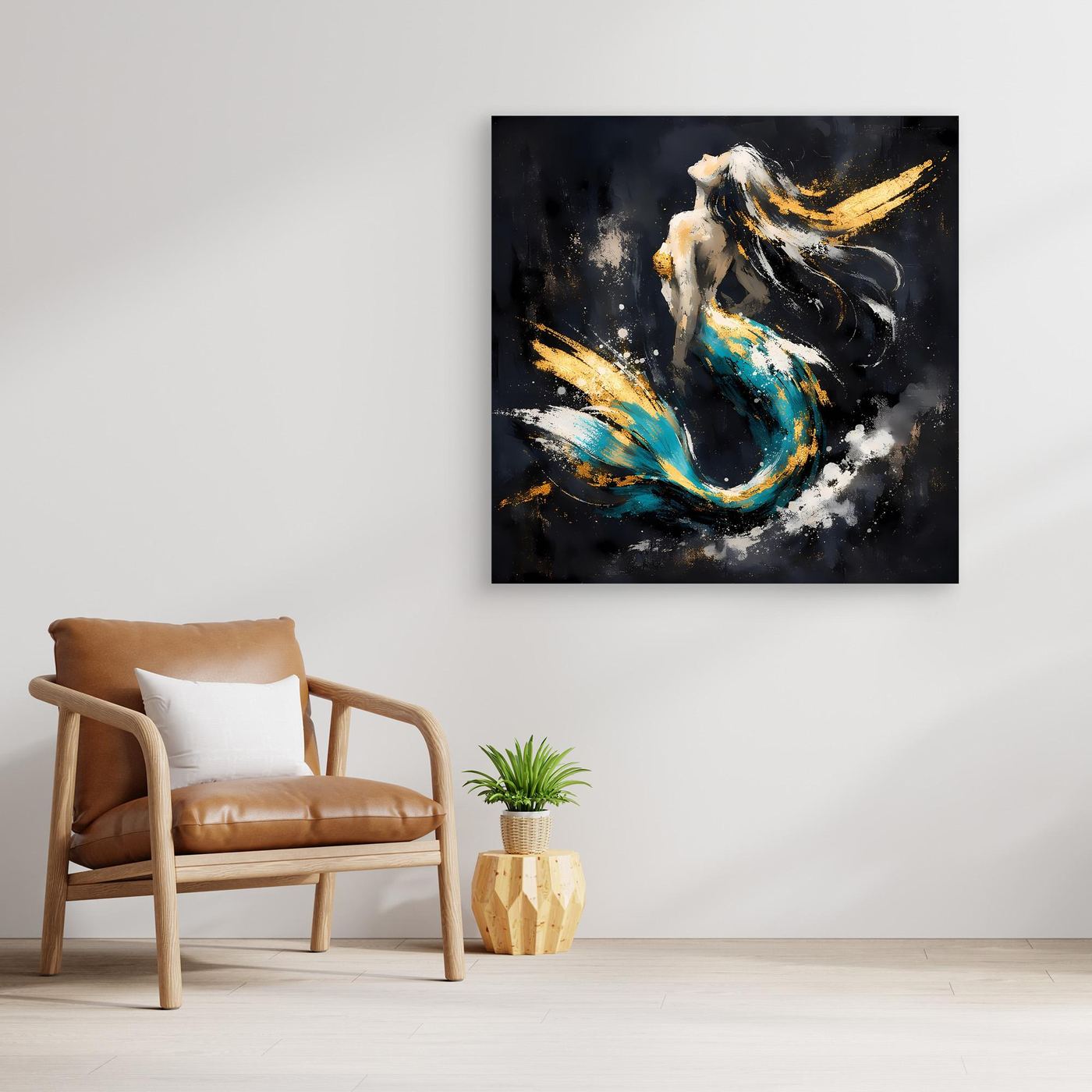 Leinwand Elegante Meerjungfrau in Türkis und Gold | Modernes Fantasy Wandbild