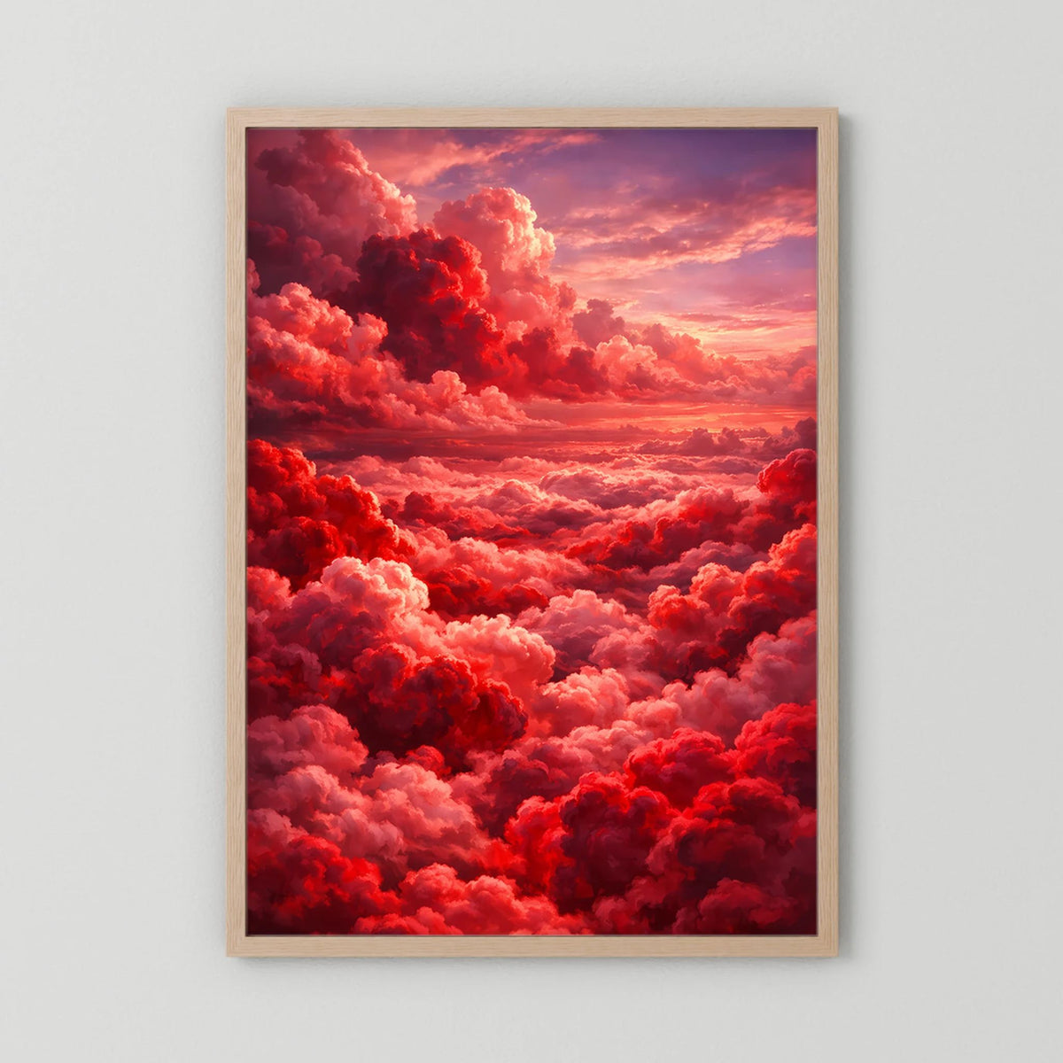 Kunstposter Hochformat mit hellbraunem Holzrahmen, rote Wolken und rosa Abendhimmel