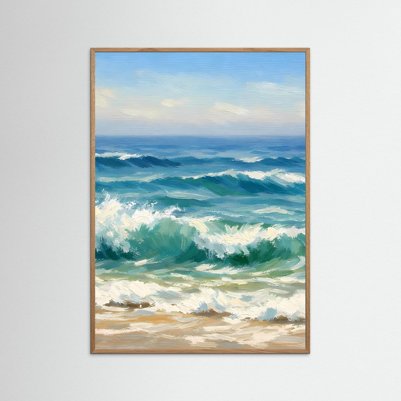 Poster mit gemalten Meereswellen am Strand in Blau- und Grüntönen, mit dunkelbraunem Holzrahmen