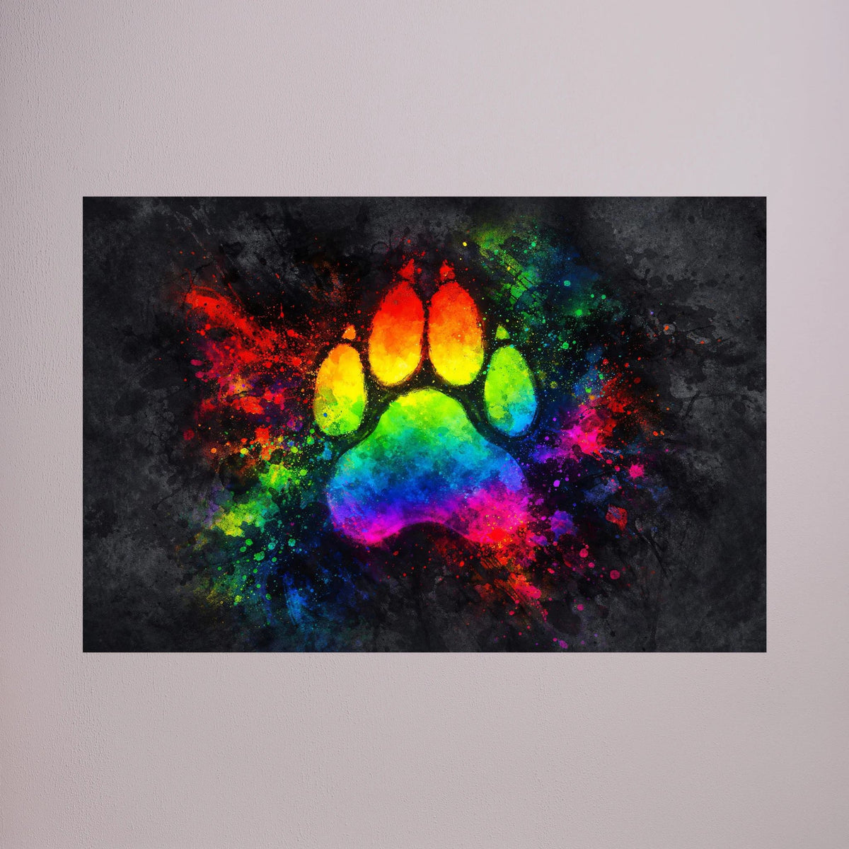 Poster mit Pfotenabdruck in Regenbogenfarben, Farbkleckse auf dunklem Grund