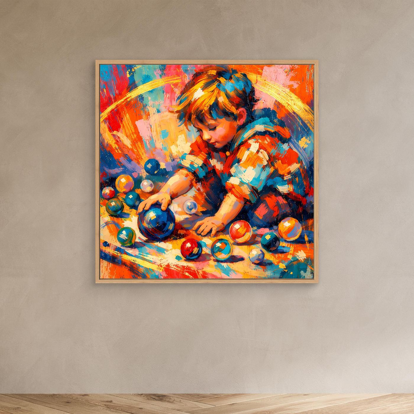 Leinwandbild Spielendes Kind mit bunten Kugeln, abstraktes Portrait, mit Holzrahmen