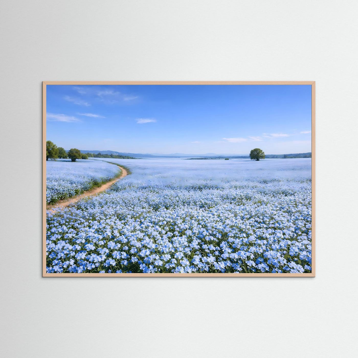 Malerisches Blaues Blumenfeld mit Feldweg | Idyllische Landschaft & Natur Poster Querformat