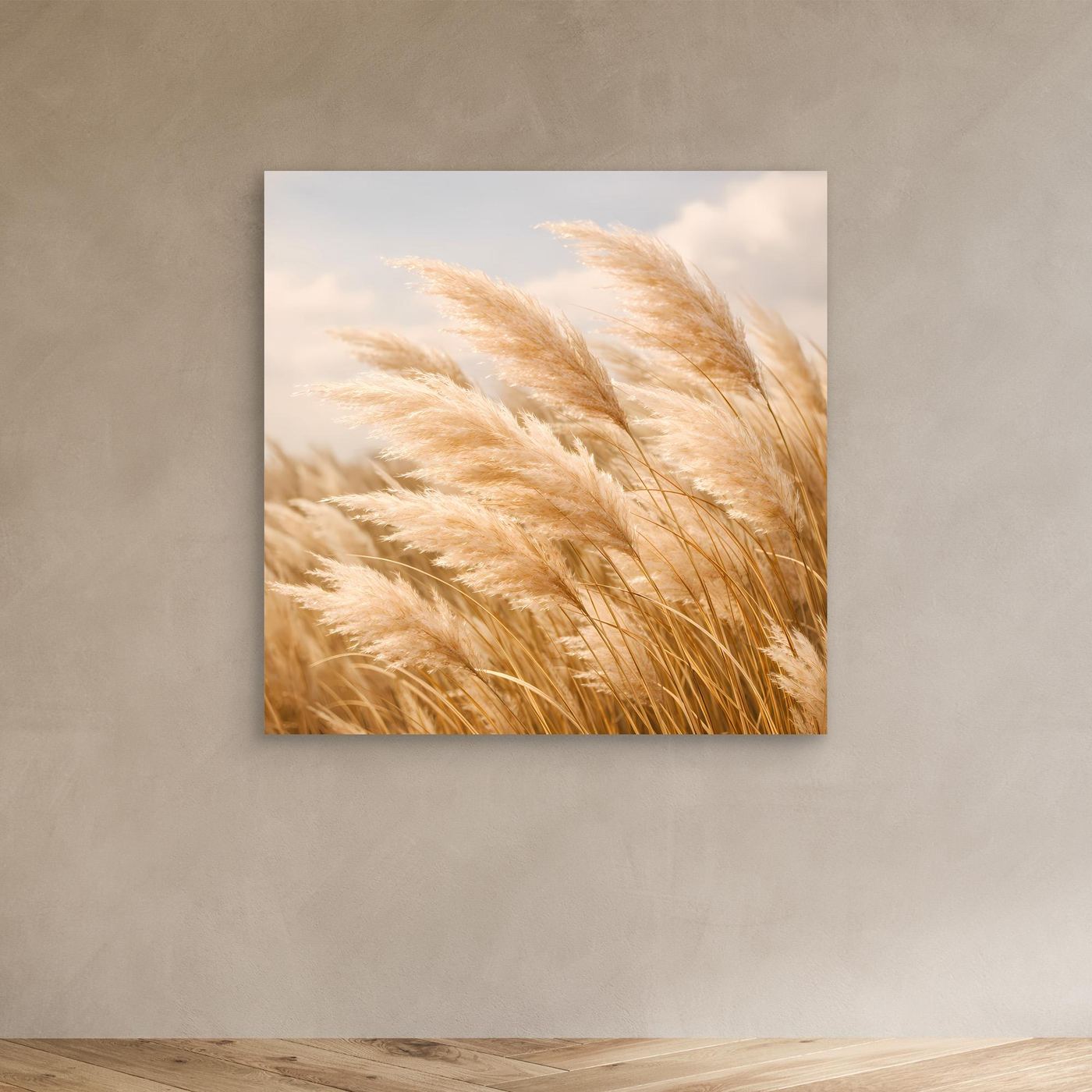 Leinwandbild mit Pampasgraswedeln in hellem Beige, quadratisch, ohne erkennbaren Rahmen