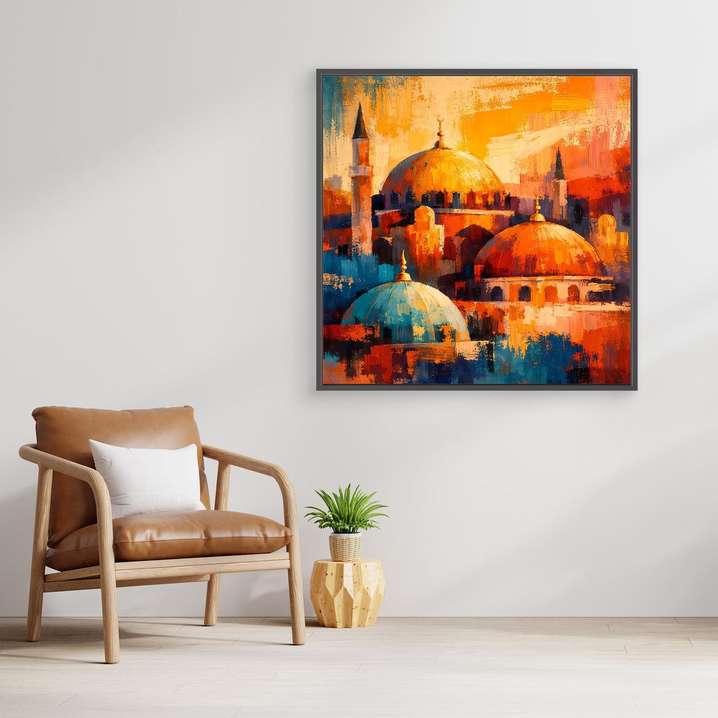 Gerahmtes Leinwandbild: orientalische Moschee, orangefarbene Lichtstimmung, abstrakte Farbflächen