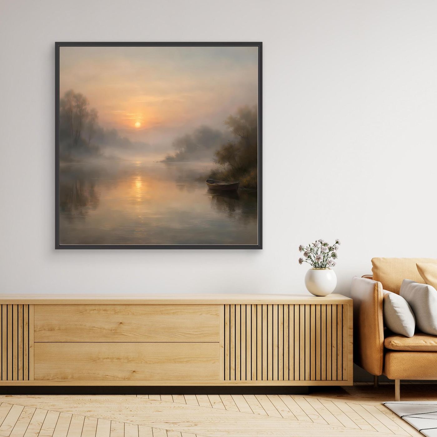 Gerahmtes Leinwandbild mit nebligem Fluss bei Sonnenaufgang, warmem Licht in schwarzem Rahmen.