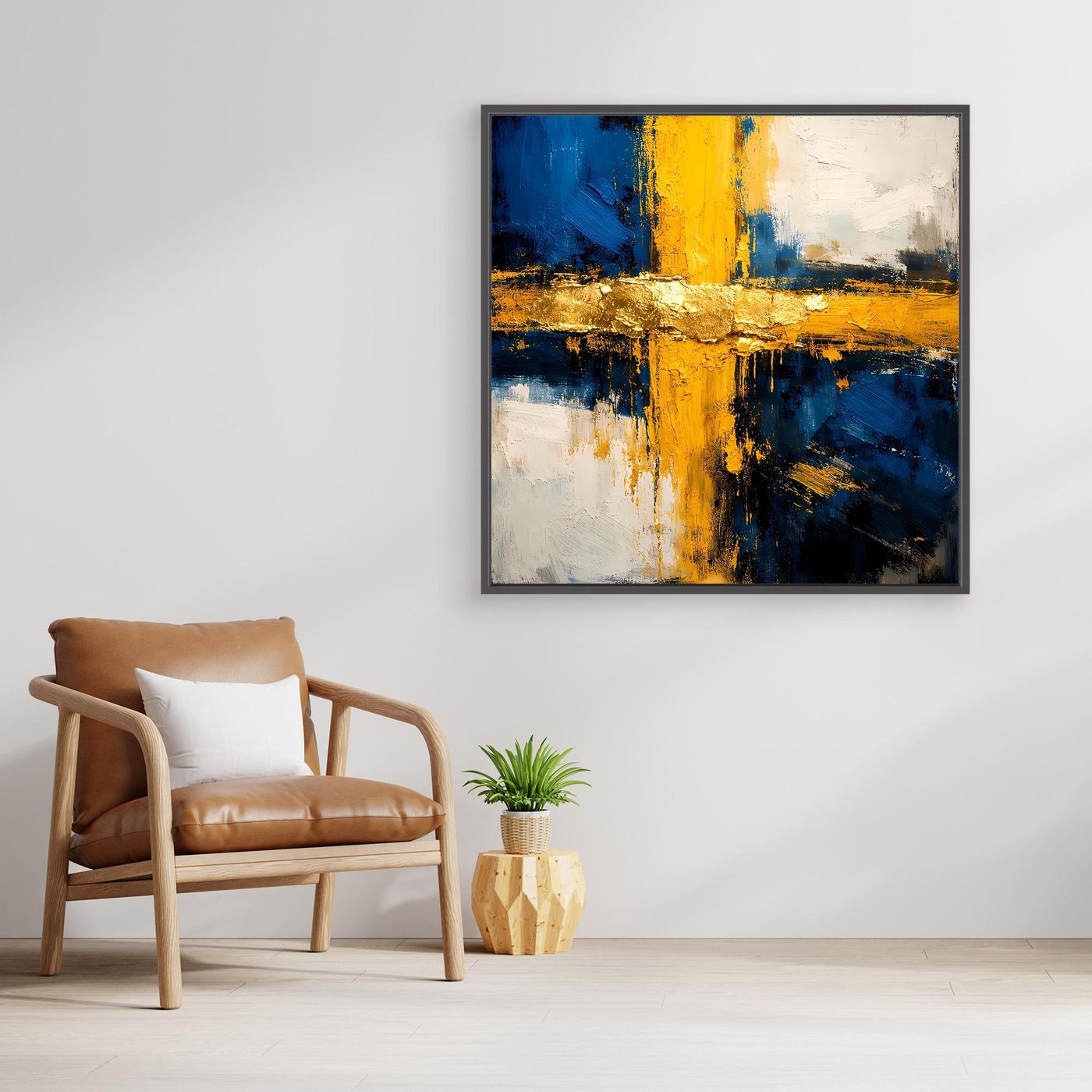 Abstraktes Leinwandbild mit Kreuz-Optik in Blau, Gelb und Gold, schwarzer Rahmen