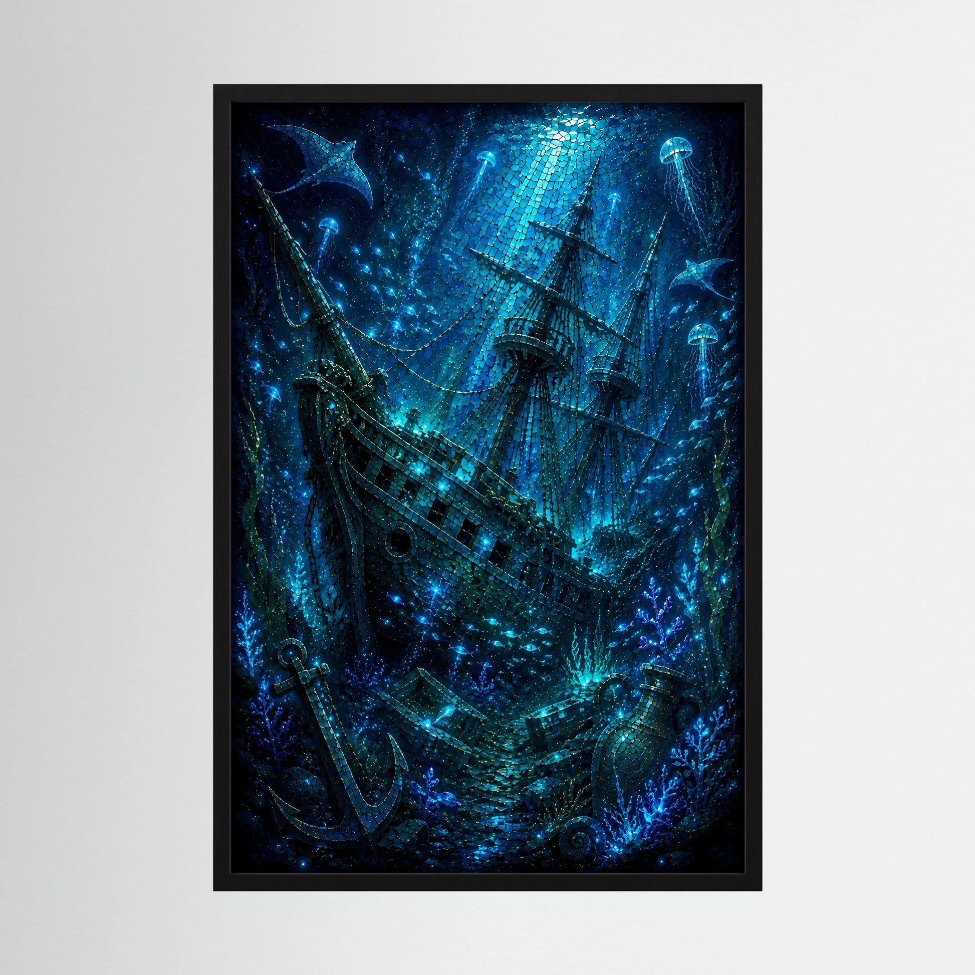Kunstposter mit Unterwasser-Schiffsmotiv, schwarzer Rahmen, Hochformat