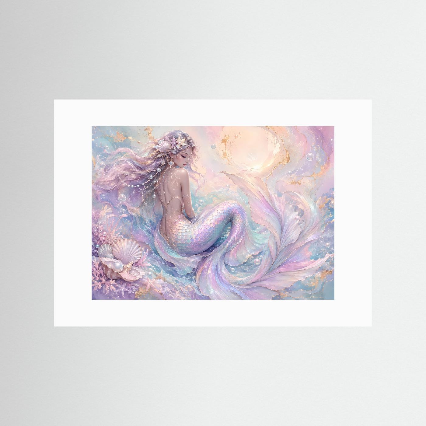 Meerjungfrau Poster Querformat | Pastell Fantasy Meerjungfrau Wandbild | Elegante Ozean Kunst
