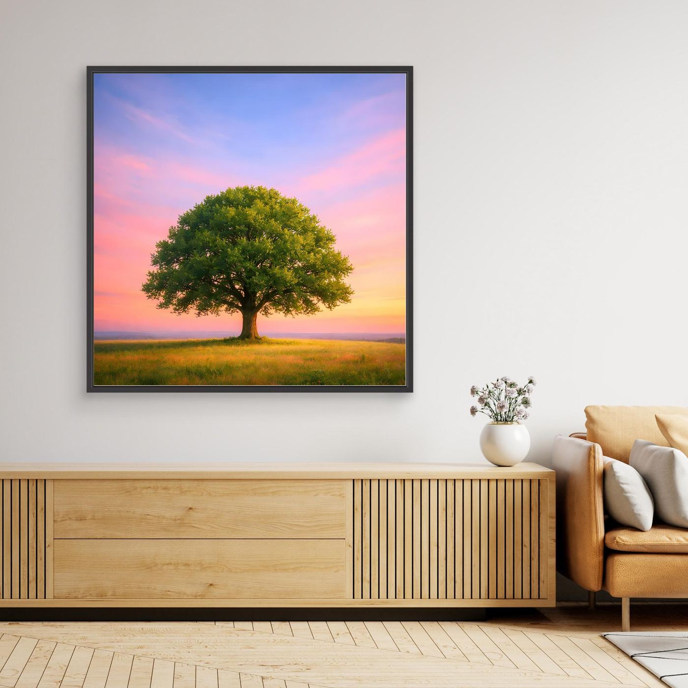 Leinwandbild: Solitärbaum auf Wiese bei Sonnenuntergang, rosa-blauer Himmel, schwarzer Rahmen