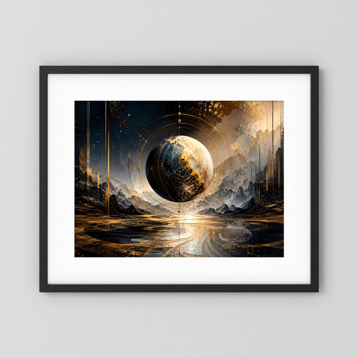 Gerahmtes Poster (schwarz): abstrakte Weltkugel mit goldener Leuchte und dunkler Skyline