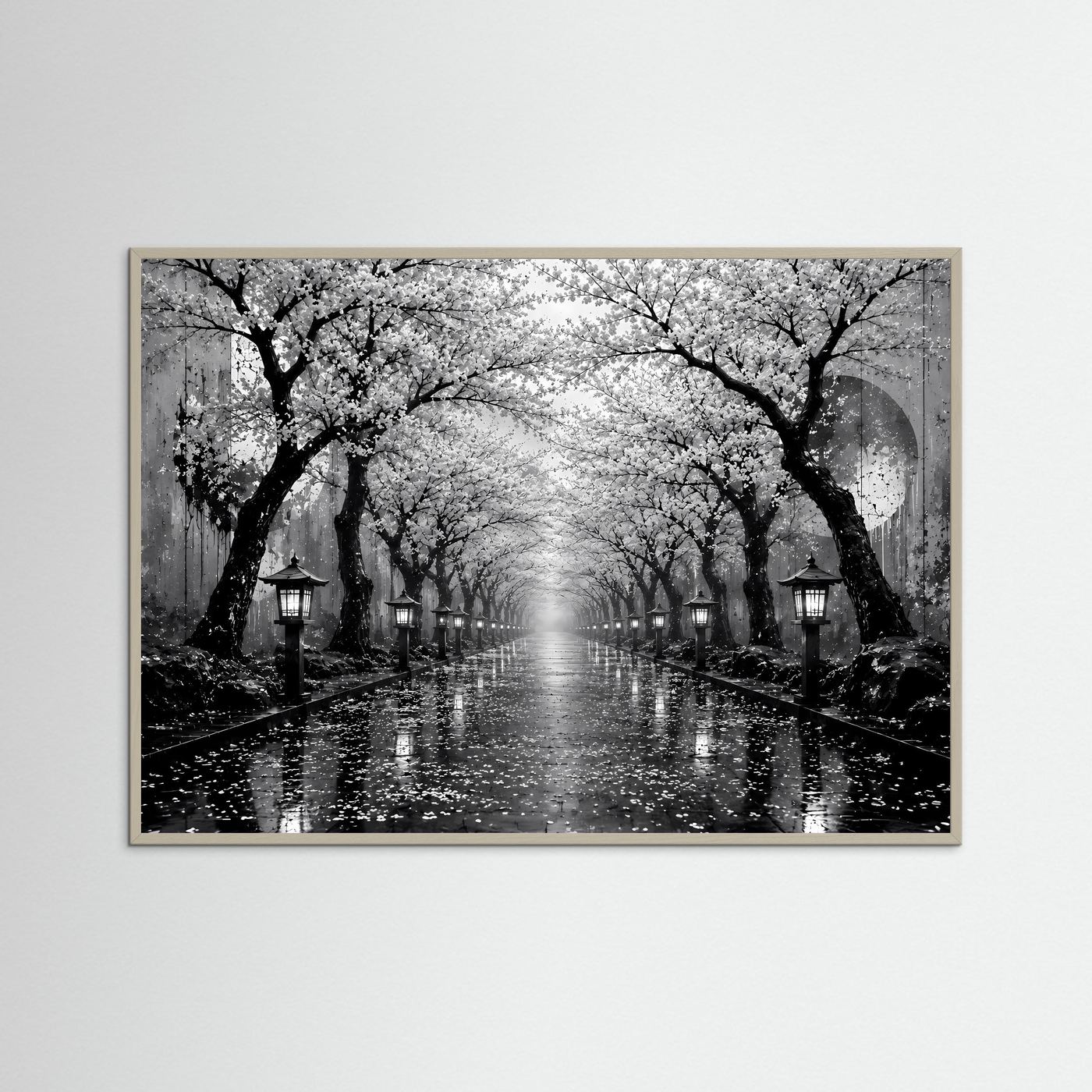 Kirschblütenallee Schwarz-Weiß | Japanisches Wandbild mit Laternen im Regen