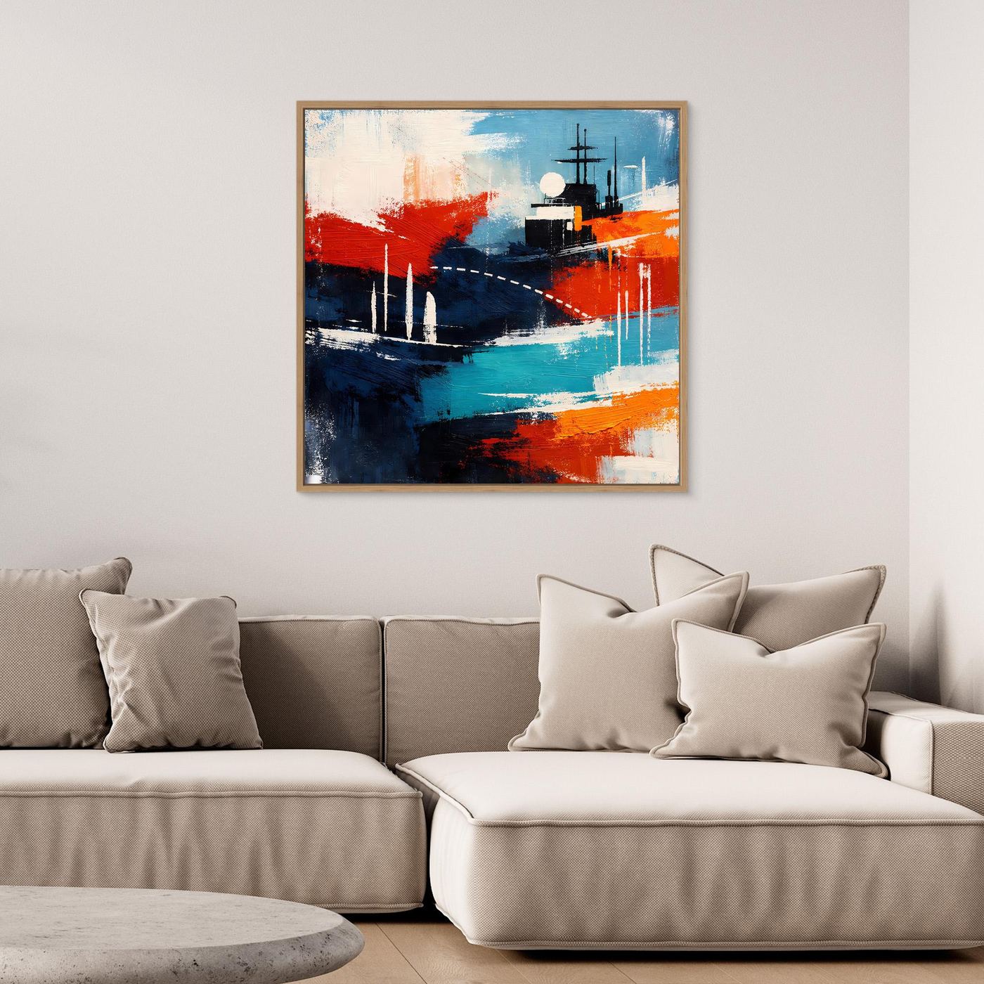 Abstraktes Leinwand-Wandbild mit Schiffs-Motiv, Holzrahmen, Blau- und Rottöne