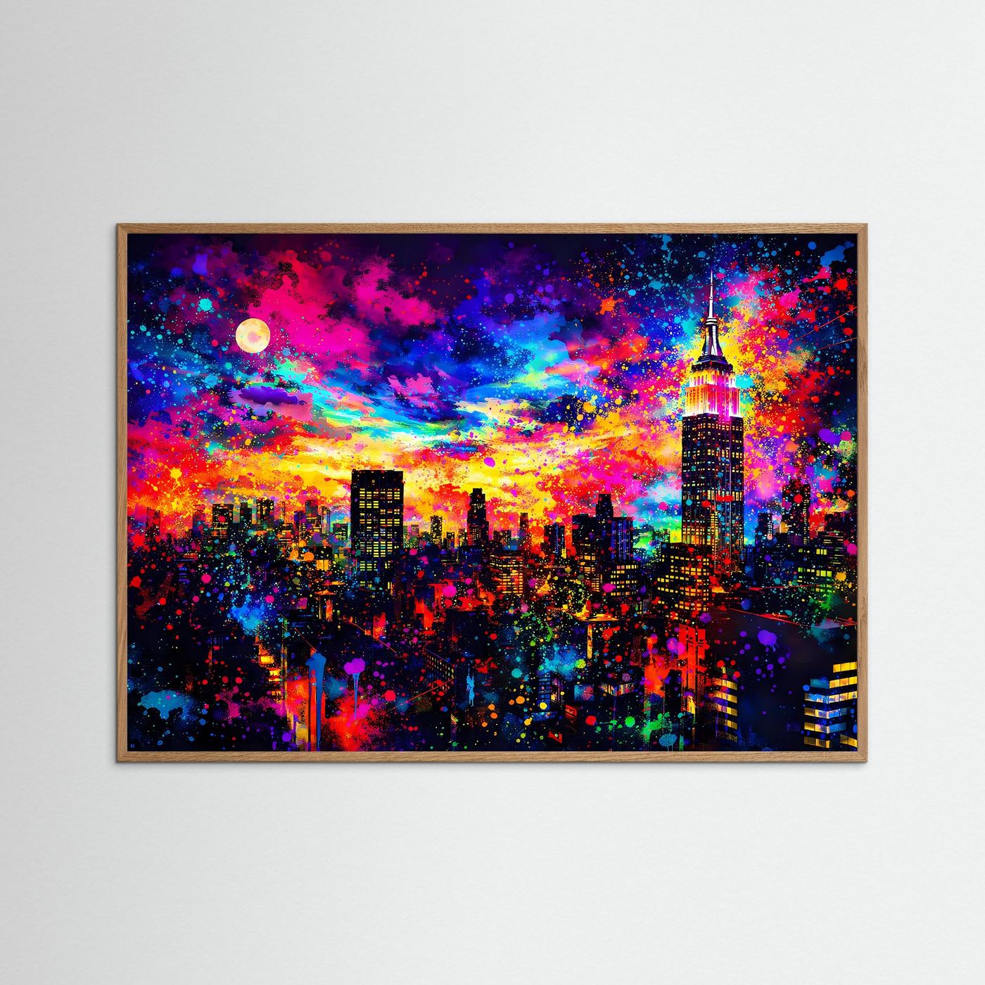 Gerahmtes Wandbild mit Holzrahmen: Empire State Building bei Nacht, bunte Farben, Mond