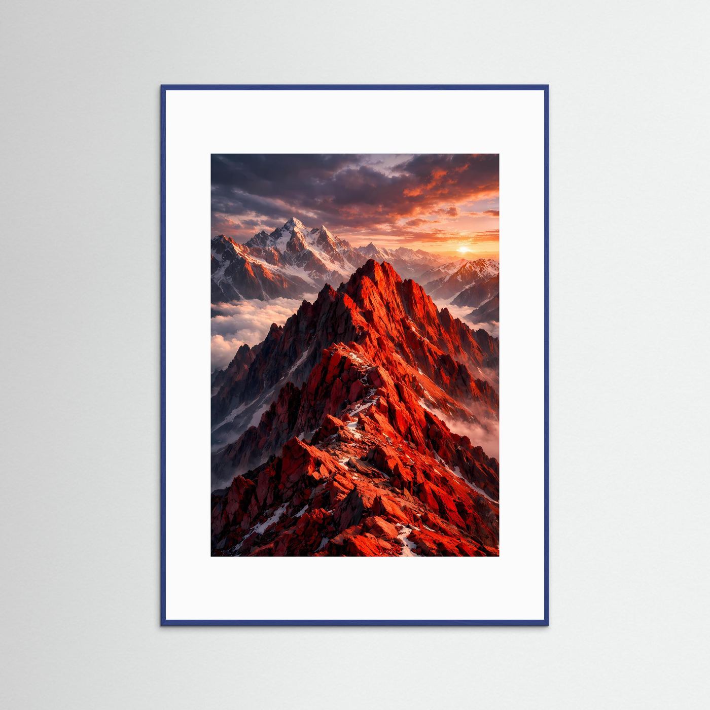 Bergposter mit Alpenglühen in Rot: dramatische Gipfel in Naturfoto, blau gerahmt