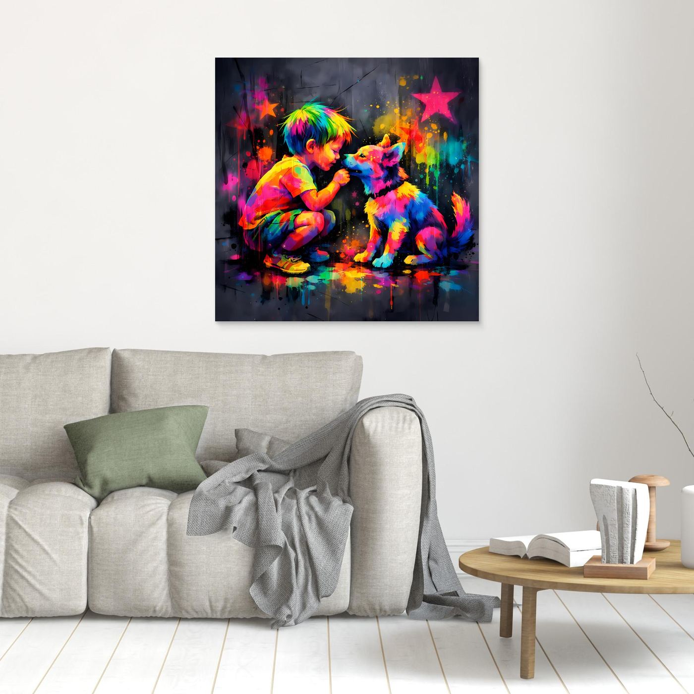 Leinwandbild mit buntem Graffiti von Kind und Hund, Sterne und Farbkleckse, an der Wand