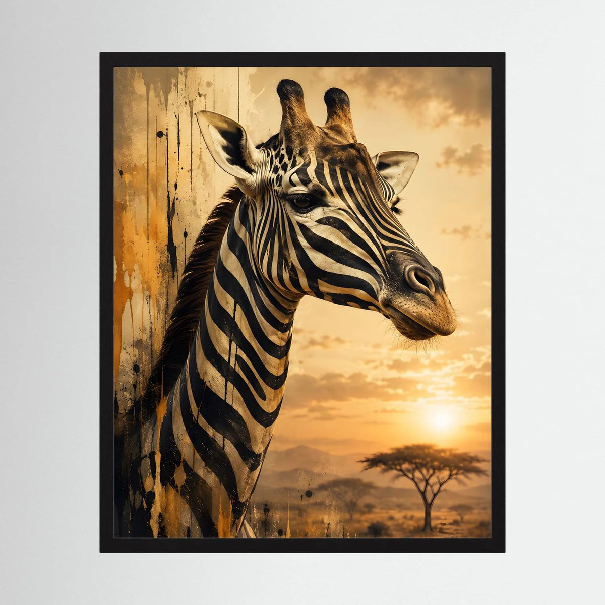 Gerahmtes Giraffen-Tierposter im Zebra-Look, schwarze Umrahmung, Sonnenuntergang