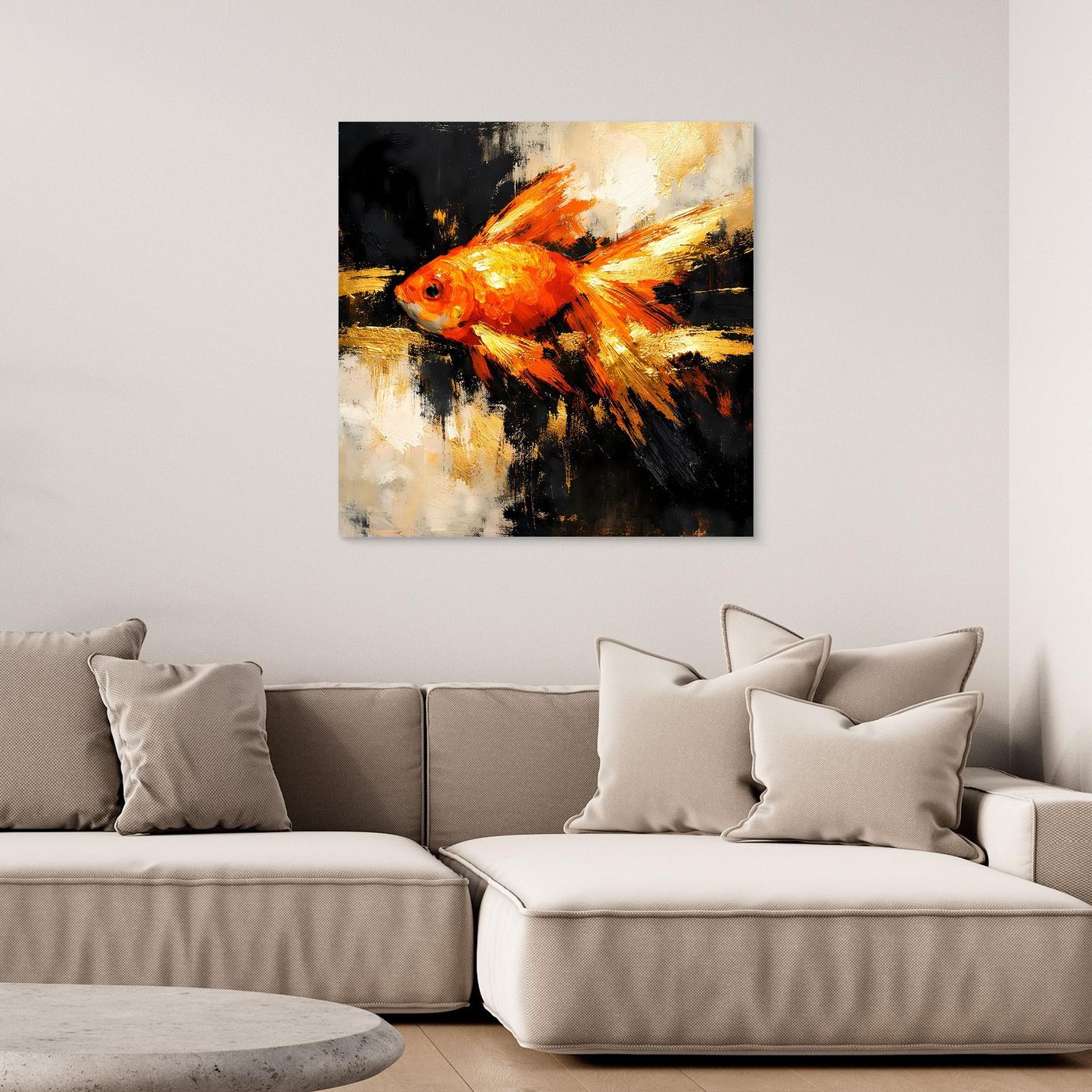Leinwand Dynamischer Goldfisch in Orange und Gold | Abstraktes Tier Wandbild