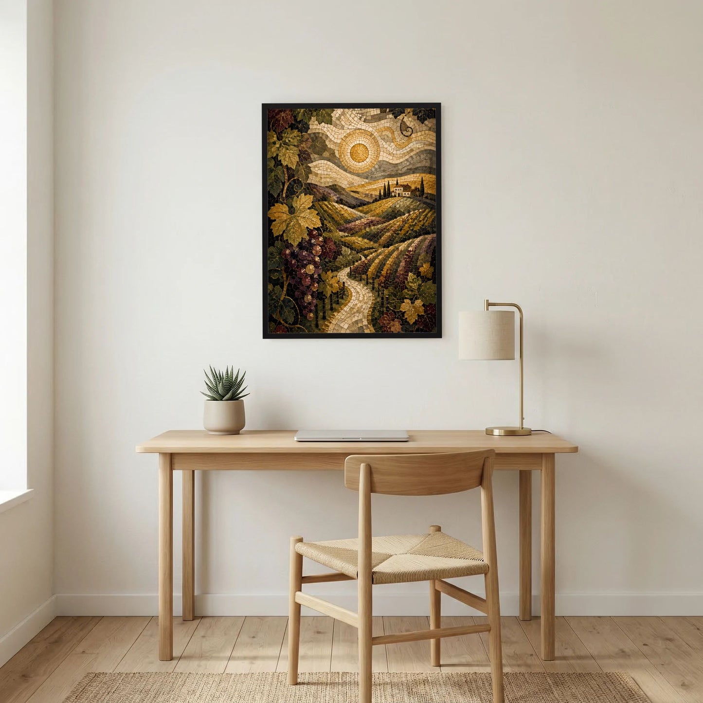 Gerahmtes Hochformat-Poster mit mosaikartiger Weinberg-Landschaft an der Wand, schwarzer Rahmen