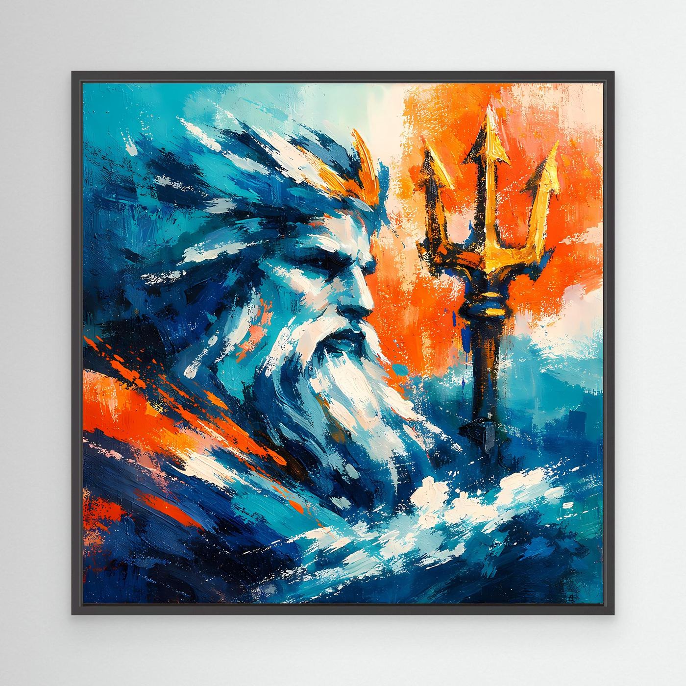 Abstract wall canvas with black frame, blue bearded figure on orange backdrop
